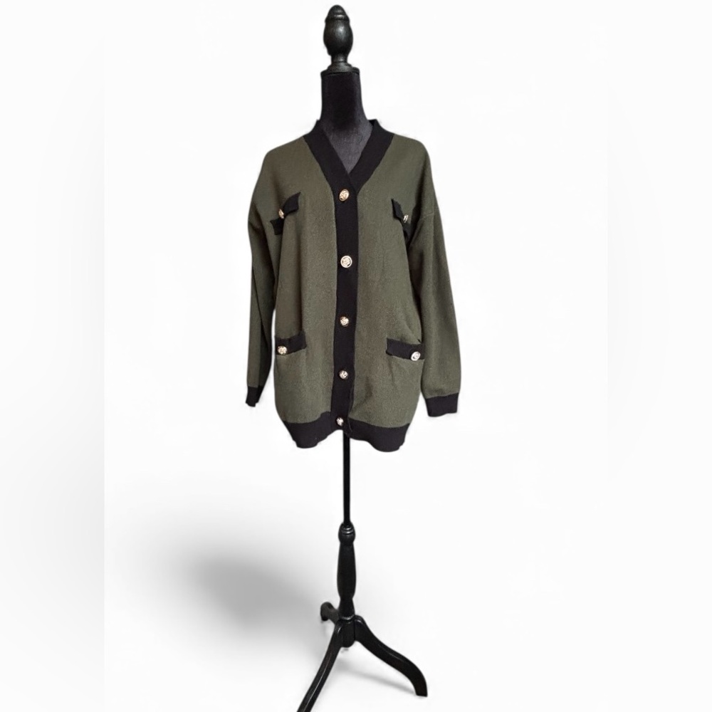 Stylish Olive Green Cardigan with Black Trim